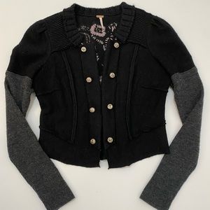 Free People, Fitted ,Wool Cardigan Sweater, Size M, Black With Stitching Detail